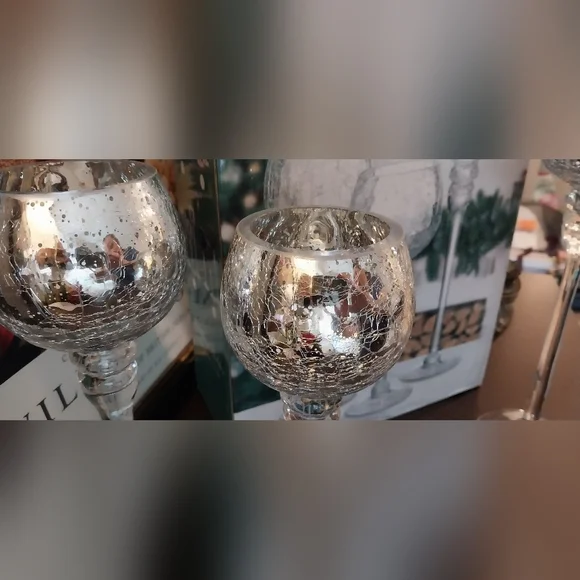 Silver Goblet Crackle Glass Candle Holders (Set of 3) - Picture 2 of 4